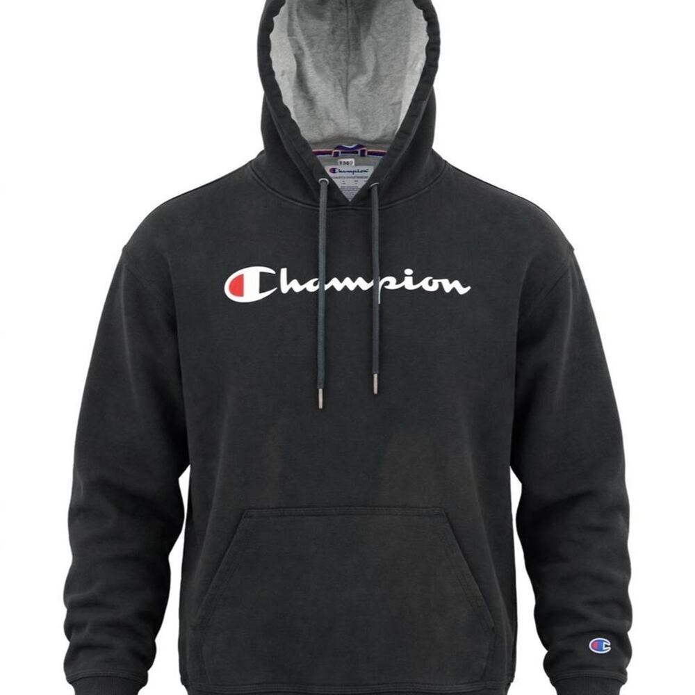 Champion Hoodie Mens L Black Script Logo Pullover Hoodie C Logo